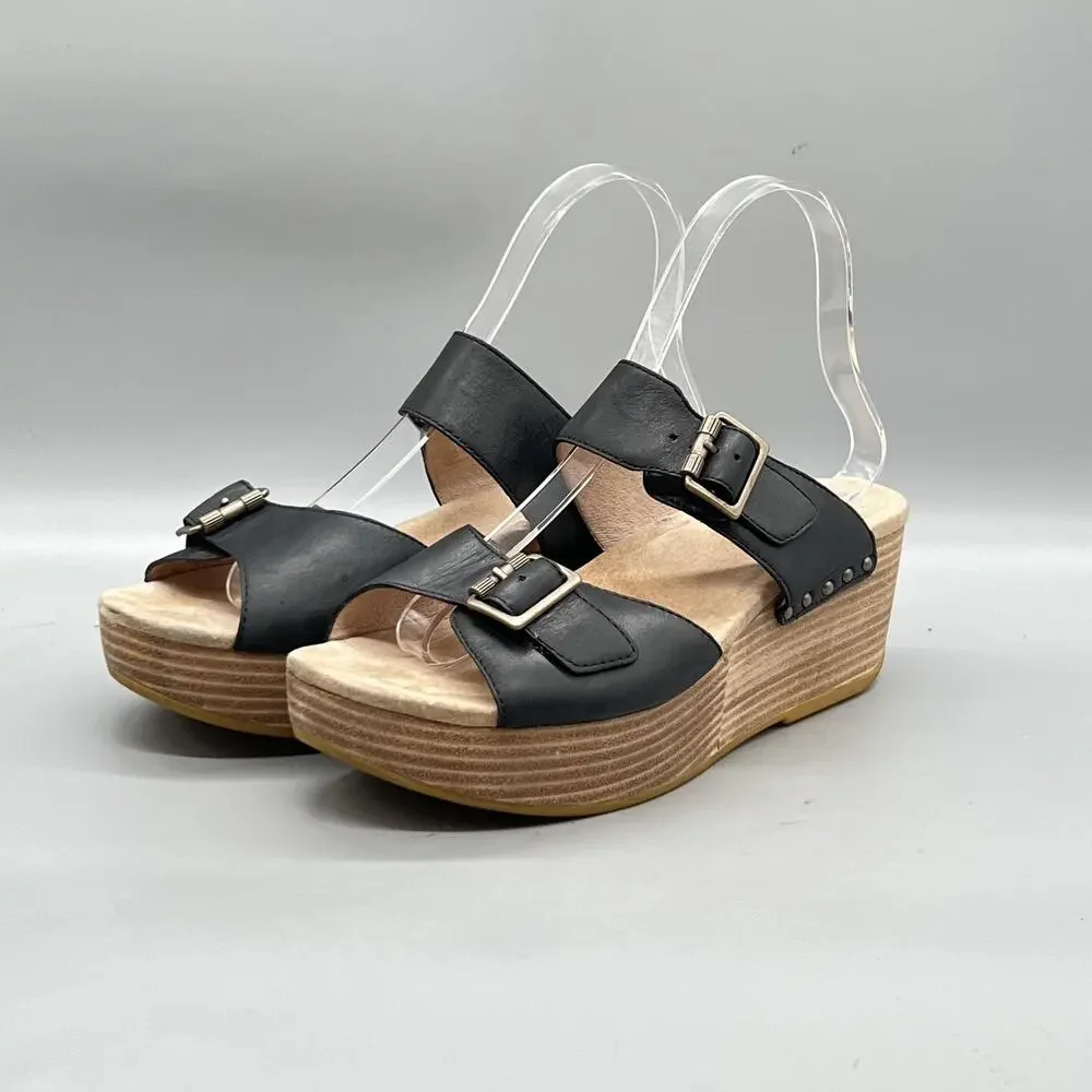 Dansko Sandals Womens 8.5 Black Leather Slingback Buckle Platform Wedge Shoes